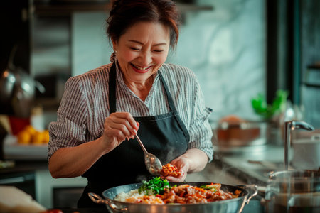An enthusiastic chef, with a warm smile, skillfully adds ingredients to a pan in a well-lit kitchen. Fresh herbs and colorful vegetables enhance the joyful cooking experience.の素材