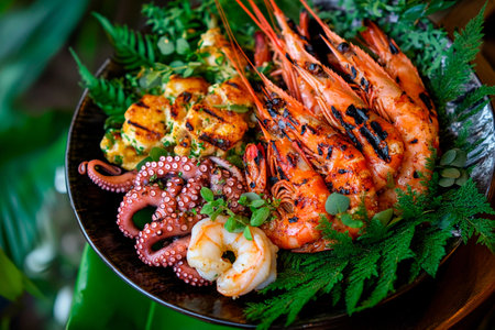 A colorful platter brimming with grilled shrimp, octopus, and seafood enhances a tropical setting. Fresh herbs adorn the dish, highlighting the rich flavors of each ingredient.の素材