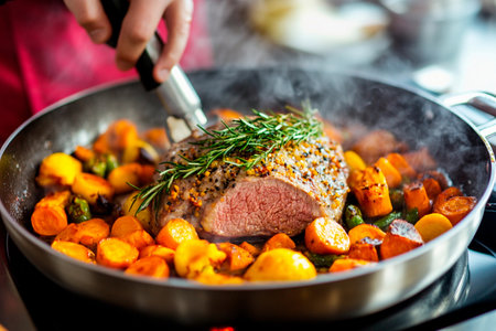 A skilled cook prepares a sumptuous roast, surrounded by colorful vegetables, herbs, and fragrant steam rising from the pan. The cozy atmosphere invites passionate culinary creativity.の素材