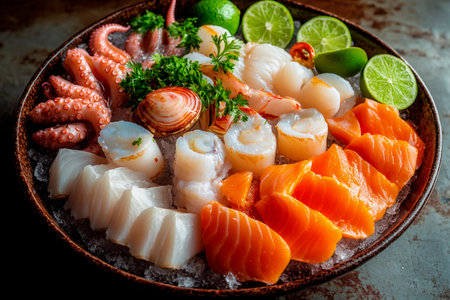 A vibrant display of sashimi, featuring octopus, salmon, scallops, and lime, elegantly garnished with fresh herbs. The colorful array promises a delicious culinary experience.の素材