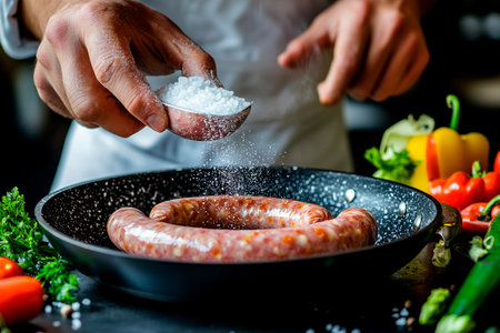 A skilled chef carefully sprinkles salt onto fresh sausage nestled in a cast iron skillet.の素材
