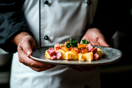 A chef presents a stunning plate featuring succulent pieces of meat, fresh herbs, and garnished vegetables.の素材