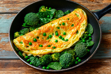 A delicious omelette made with vibrant spinach, broccoli, and peas rests in a frying pan, highlighting the beauty of fresh, healthy ingredients.の素材