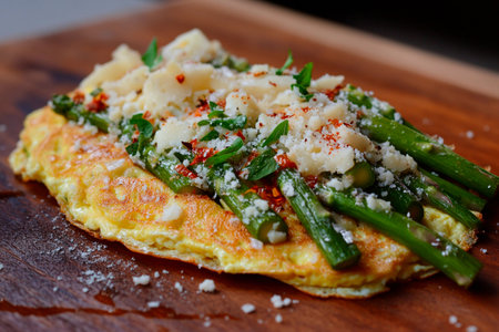 A vibrant omelet made with tender asparagus, crumbled cheese, and fresh herbs, served on a rustic wooden board. This colorful dish is perfect for a nourishing start to the day.の素材