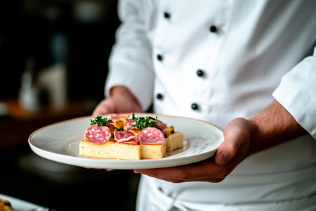 A chef presents a beautifully plated dish featuring artisanal ingredients and vibrant colors.の素材