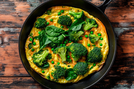 A vibrant frittata filled with broccoli and peas rests in a cast iron skillet. Fresh spinach adorns the top, creating an inviting dish beautifully displayed on a rustic wooden table.の素材