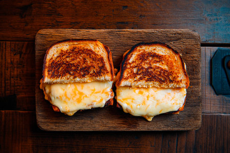 Melted cheese oozes from two perfectly toasted slices of bread resting on a rustic wooden board. The warm, inviting colors enhance the comfort food appeal, making it a cozy delight.の素材
