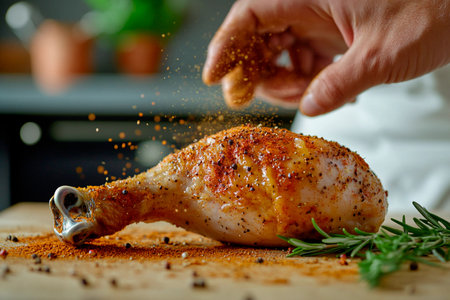 A hand sprinkles vibrant spices over a juicy roasted chicken drumstick resting on a wooden board. Fresh rosemary nearby enhances the inviting aroma in a warm kitchen atmosphere.の素材