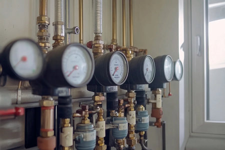 Multiple pressure gauges line the wall in a well-lit industrial environment. The tools display varying readings, showing the intricacies of maintaining systems during working hours.の素材