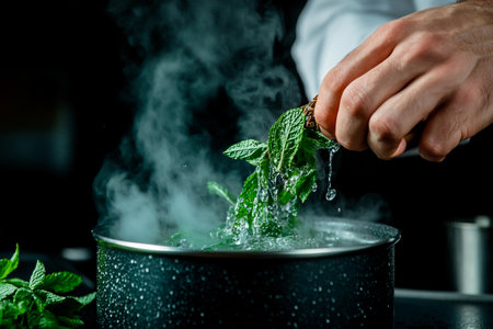 Steam rises from a pot as fresh mint leaves are squeezed, releasing their essence into a boiling mixture.の素材