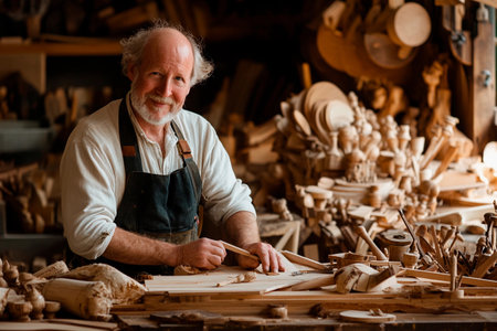 Inside a rustic workshop, a dedicated artisan skillfully carves intricate wooden figures, surrounded by a multitude of handcrafted creations. The warm atmosphere inspires creativity and craftsmanship.の素材