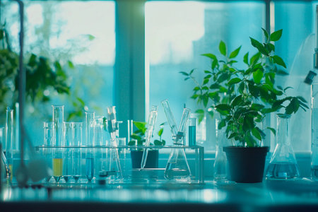 Various glass beakers and flasks stand on a lab bench, bathed in sunlight. Lush green plants thrive in pots nearby, creating a harmonious blend of science and nature.の素材