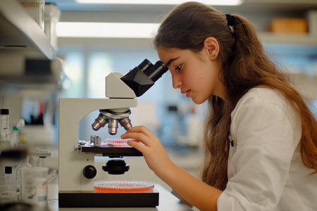 In a high-tech laboratory, a young researcher examines a petri dish through a microscope. She focuses intently on her work, embodying curiosity and dedication.の素材