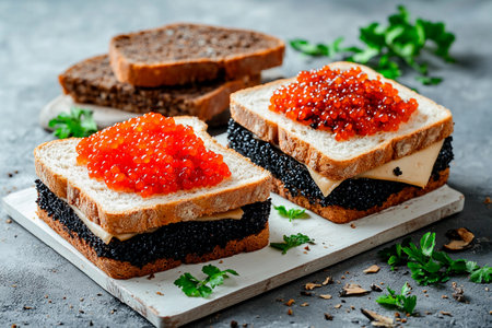 Two slices of fluffy bread showcase decadent layers of creamy cheese, black caviar, and vibrant salmon roe, garnished with fresh herbs. This gourmet creation invites indulgence.の素材