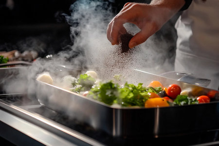 A chef skillfully sprinkles aromatic herbs over vibrant vegetables in a steaming stainless steel pan. The kitchen radiates warmth as flavors evolve, creating a delightful culinary moment.の素材