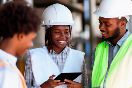 In a bustling construction site, two workers in hard hats and safety vests engage with a female colleague who is reviewing a tablet. Excitement fills the air as they discuss progress and plans.の素材