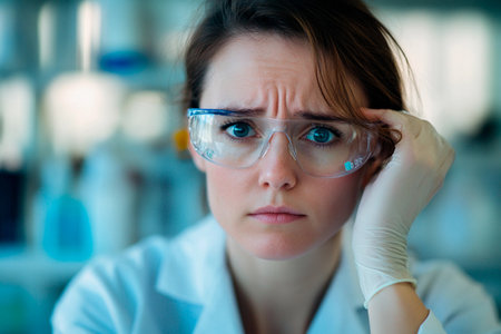 A focused lab technician wears protective eyewear, looking concerned while analyzing data in a state-of-the-art laboratory. She adjusts her gloves, contemplating the next steps in her research.の素材
