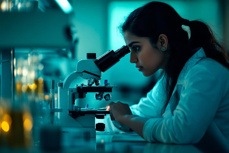 Under the soft glow of laboratory lights, a dedicated researcher examines slides through a microscope, immersed in her work. The atmosphere is filled with anticipation and discovery.の素材
