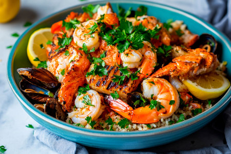 A bountiful dish showcasing grilled shrimp, mussels, and succulent fish garnished with fresh herbs and lemon. Perfectly arranged on a bed of fluffy grains, this culinary delight entices the senses.の素材