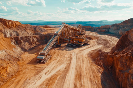 Expansive desert terrain showcases substantial mining equipment actively transporting materials. Rocky formations and distant hills create a stunning backdrop, revealing nature's beauty.の素材