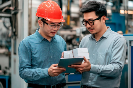 Two professionals in safety gear discuss digital data while examining product packaging in a vibrant manufacturing environment, showcasing innovation and cooperation during productivity efforts.の素材