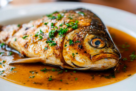 A beautifully grilled fish garnished with fresh herbs rests on a white plate, accompanied by a luscious sauce. The warm ambiance of the restaurant enhances the inviting atmosphere.の素材