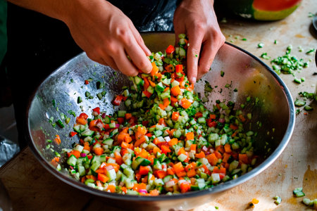 Hands skillfully chop a medley of colorful vegetables, creating a refreshing salad mix. The bright kitchen atmosphere invites creativity and joy in cooking, capturing the essence of healthy eating.の素材