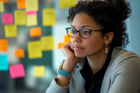 A thoughtful woman with curly hair and glasses contemplates ideas amidst a colorful array of sticky notes.の素材