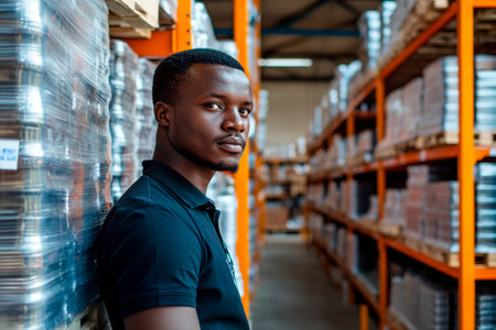 A focused young man leans against a stack of crates in a vibrant warehouse. Surrounded by organized shelves, he exudes determination and calm, embodying the spirit of diligent work.の素材