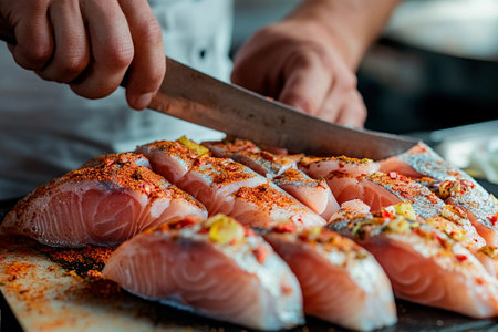 In a vibrant kitchen, a skilled chef expertly slices fresh salmon fillets, carefully seasoned with colorful spices. The culinary atmosphere buzzes with creativity and flavor.の素材