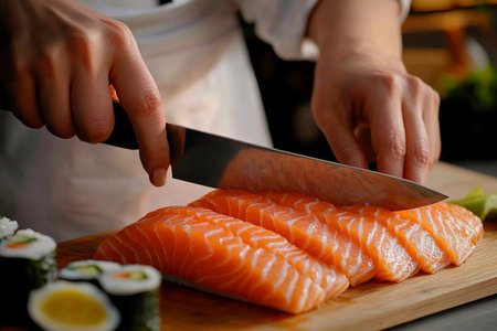 A skilled chef expertly slices vibrant salmon fillets on a wooden cutting board, preparing for sushi creation. The ambiance buzzes with culinary excitement as the workshop unfolds.の素材