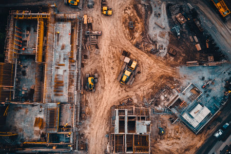 Heavy machinery works tirelessly on various construction sites, shaping the urban environment. Trucks and cranes maneuver through the bustling activity under a clear blue sky, symbolizing progress.の素材