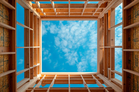 Looking up from inside a building frame, the vibrant blue sky contrasts with the wooden structure. Fluffy clouds drift lazily above, highlighting the beauty of the construction process.の素材