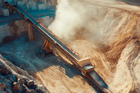 Heavy machinery operates diligently in a vast quarry at dawn. Conveyors stretch across rugged terrain, moving minerals as clouds of dust rise, highlighting the industrial atmosphere of the site.の素材