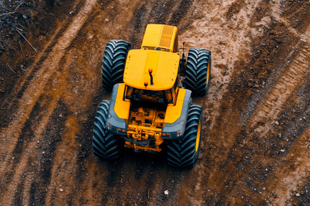 A large yellow tractor operates on a dirt construction site, navigating muddy terrain. The powerful machine showcases its robust tires, pushing the earth aside as it prepares the area for development.の素材