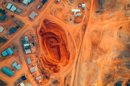 Sweeping aerial perspective reveals a mining operation with deep red earth contrasting against industrial buildings. Dusty roads weave through the landscape, highlighting the rugged terrain.の素材