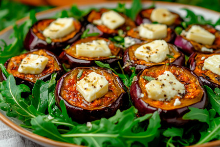 Sliced eggplant halves are roasted to perfection, topped with creamy cheese and nestled on vibrant arugula. This dish, bursting with flavors, is perfect for a healthy meal or appetizer.の素材