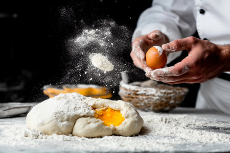 Hands expertly blend flour and eggs, creating a perfect dough on a rustic surface. Flour dust floats in the air, highlighting the craftsmanship and dedication to culinary perfection in the kitchen.の素材