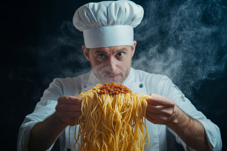 A talented chef captures attention as he expertly lifts a generously serving of spaghetti, engulfed in steam, showcasing the rich sauce atop. The kitchen's ambiance is alive with culinary magic.の素材