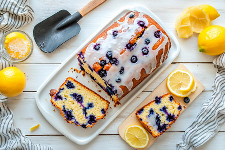 A vibrant lemon blueberry loaf rests on a white platter, showing its moist interior filled with plump blueberries. Fresh lemons and a drizzle of icing add a touch of brightness.の素材