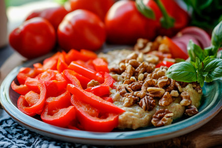 Bright red bell peppers and a creamy walnut spread lie on a colorful plate. Fresh herbs and ripe tomatoes surround the dish in a cheerful kitchen setting, showing a healthy and appetizing meal.の素材
