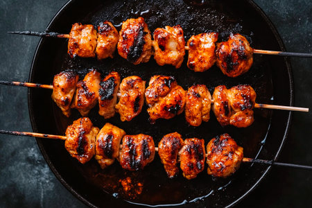 Juicy pieces of marinated chicken sit on skewers, perfectly grilled to golden brown. The tantalizing aroma fills the air, inviting everyone to enjoy a delicious outdoor feast.の素材
