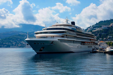 A magnificent cruise ship rests in tranquil waters, surrounded by lush mountains and charming coastal towns. Bright clouds drift overhead, adding to the serene atmosphere of this idyllic destination.の素材