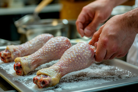 Hands skillfully season raw chicken legs on a tray, showcasing a blend of culinary artistry and home cooking. The kitchen ambiance contributes to a warm, inviting atmosphere.の素材