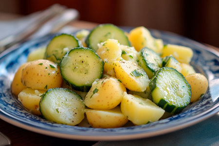 Bright green cucumbers and tender golden potatoes come together in a refreshing salad, garnished with herbs and spices. Perfect for a sunny day or a picnic gathering.の素材