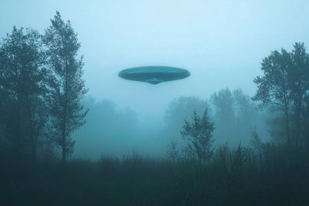 In the early morning mist, an unidentified flying object suspends above a secluded area filled with trees.の素材
