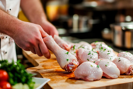 Hands skillfully handle raw chicken drumsticks, ready for seasoning, amidst fresh vegetables and herbs in a warmly lit kitchen. The atmosphere is inviting and filled with culinary potential.の素材