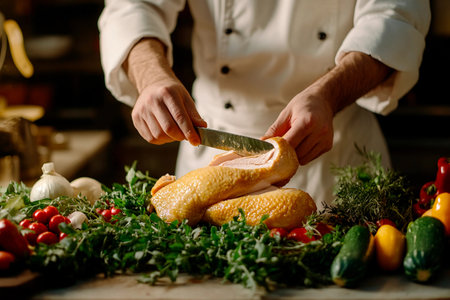 A skilled chef elegantly carves a juicy roast in a vibrant kitchen, surrounded by an assortment of fresh vegetables and aromatic herbs. The scene captures the essence of culinary artistry.の素材