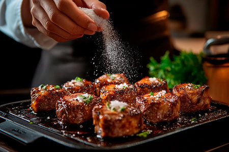 A dedicated chef sprinkles salt over succulent pieces of grilled meat, enhancing their flavor. The kitchen is alive with warmth and the enticing aroma of freshly cooked cuisine.の素材