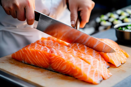 A skilled chef elegantly cuts through vibrant salmon fillets, preparing fresh ingredients for sushi rolls and sashimi. The setting buzzes with culinary creativity and precision.の素材